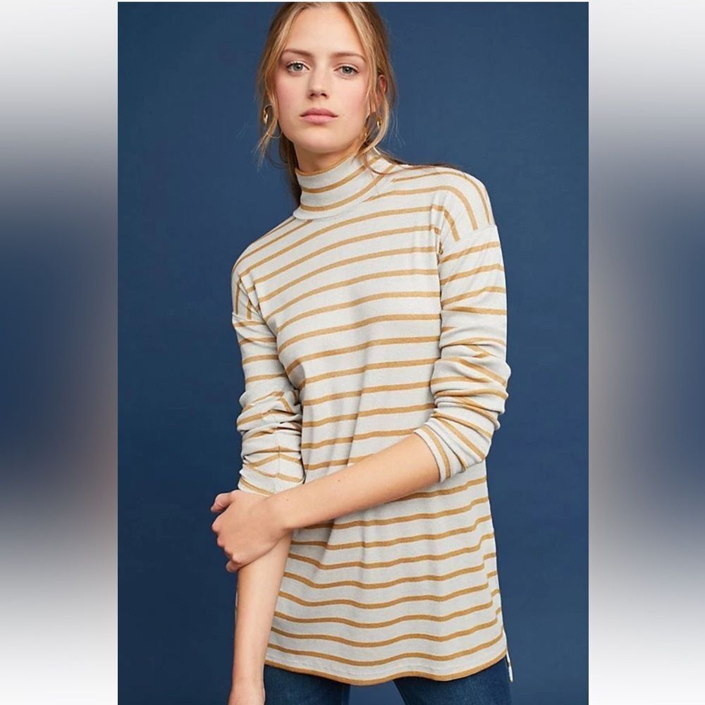 Anthropologie Shining Turtleneck Tunic Top Gold Stripe Vanessa Virginia Medium